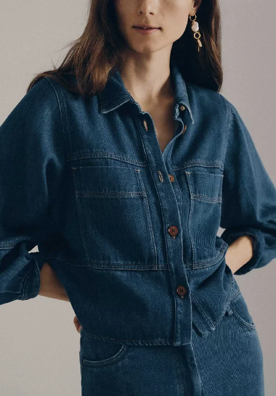 Shirt Leone Denim-Blue Denim Fabric Leather Fabric Suede Fabric