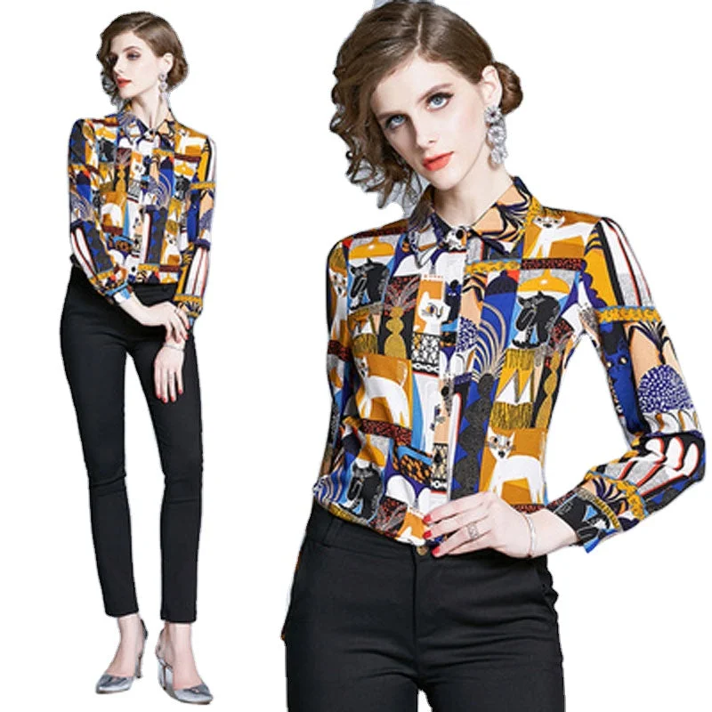 AZ2050040 # Early spring European station fashion printed shirt lapel long sleeve wild white collar shirt Collared Crew Neck Turtle Neck AZ2050040 # Early spring European station fashion printed shirt lapel long sleeve wild white collar shirt Collared Crew Neck Turtle Neck