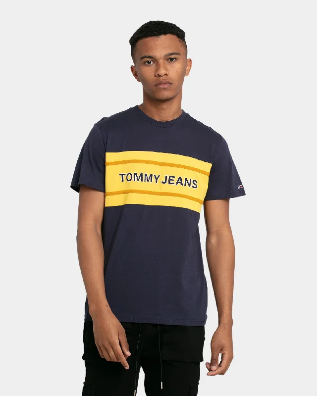 Tommy Jeans Stripe Colour-Block T-Shirt Twilight Navy/Yellow Rayon Fabric Velvet Fabric Corduroy Fabric