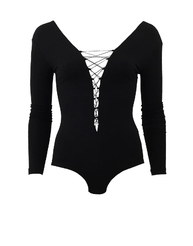 Lace-Up Bodysuit Fashionable V-Neck Bodysuit