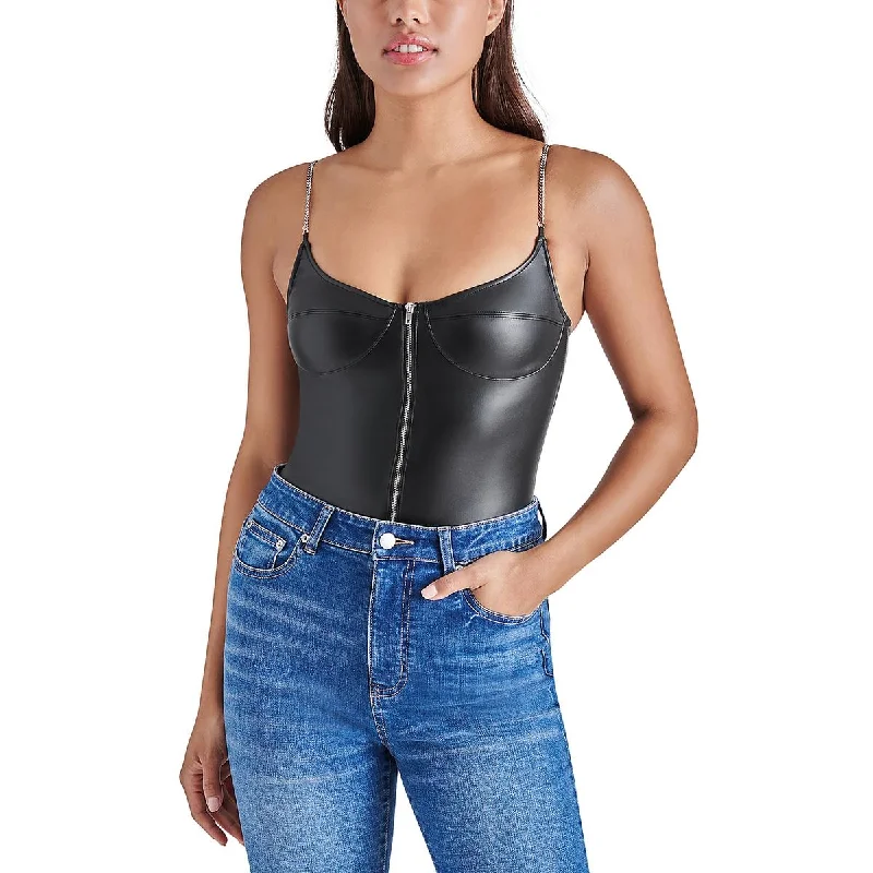 Haven Womens Faux Leather Chain Straps Bodysuit Trendy Bodysuit with Tulle