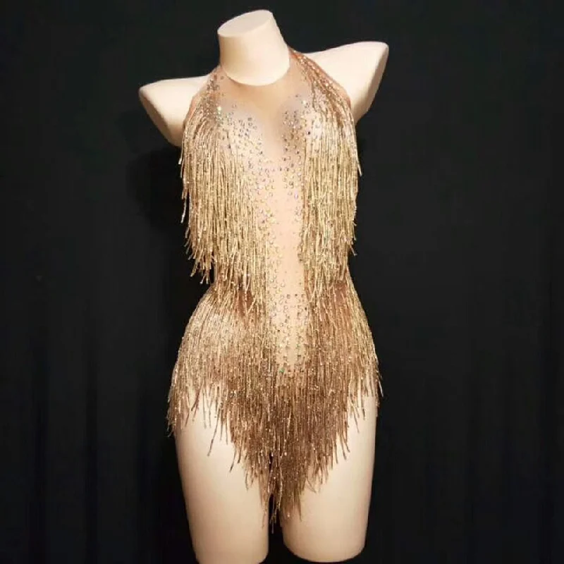 Sparkly Rhinestones Fringes Bodysuit Women Nightclub Outfit Glisten Dance Costume One-piece Dance Wear Singer Stage Leotard Stylish Bodysuit with Cross Front