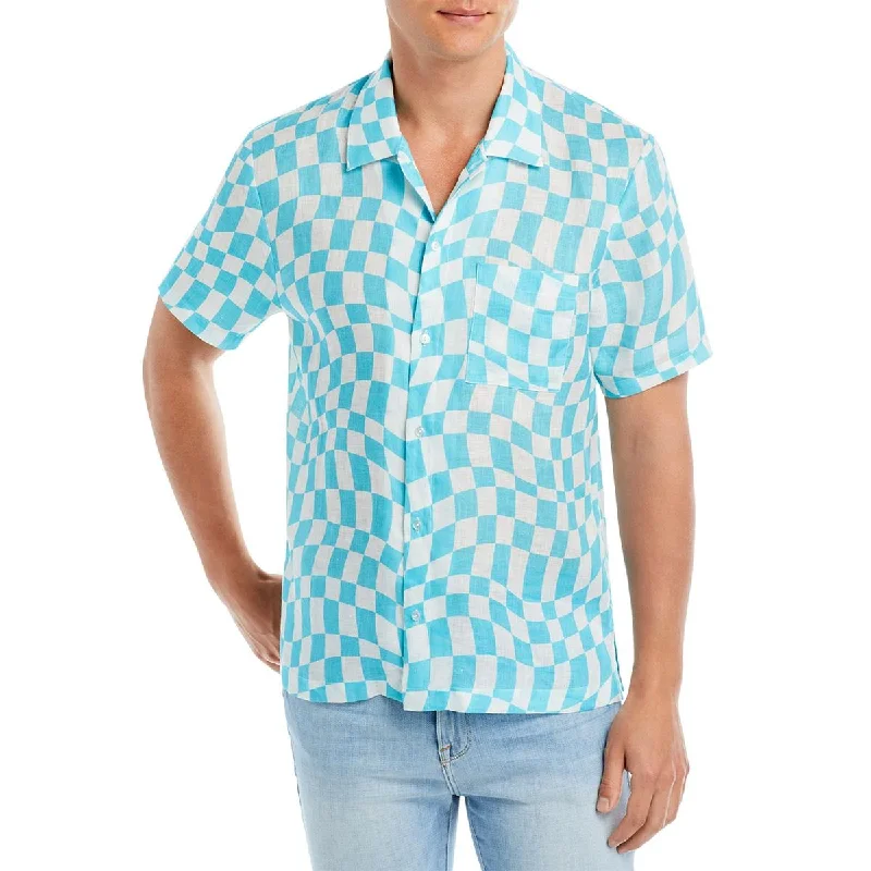 Bloomies Mens The Cabana Linen Checkered Button-Down Shirt Anti-Pilling Machine Wash Handmade Bloomies Mens The Cabana Linen Checkered Button-Down Shirt Anti-Pilling Machine Wash Handmade