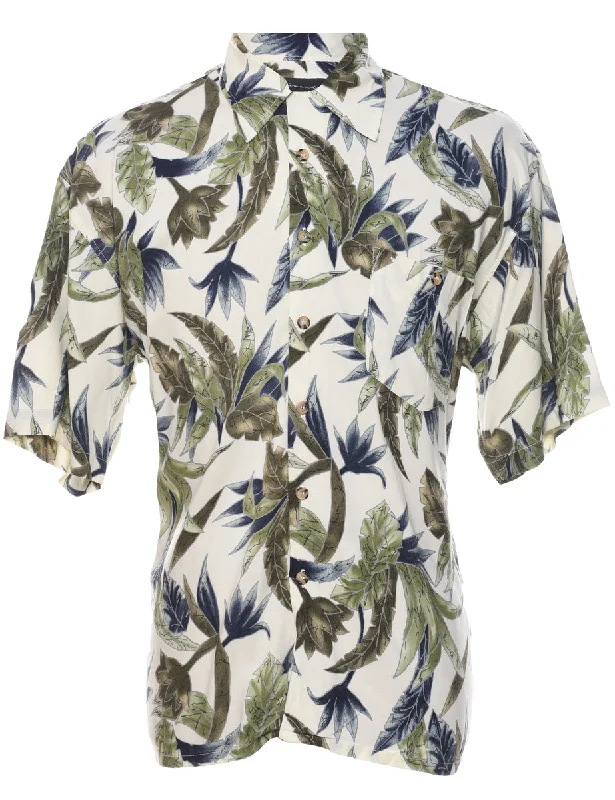 Leafy Print Hawaiian Shirt - M Welt Pockets Slit Pockets Flap Pockets