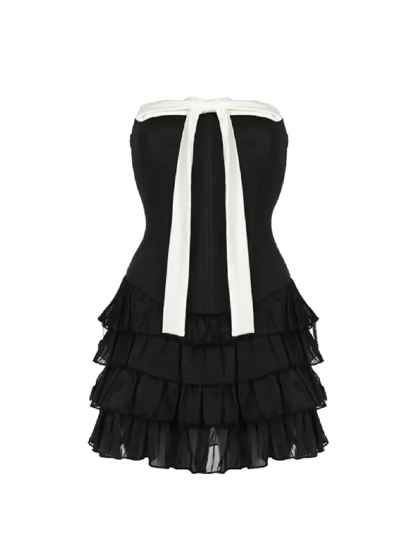 'Black Forrest' Black & White Ribbon Corset Bodysuit Dress Fashionable Bodysuit with Button Front