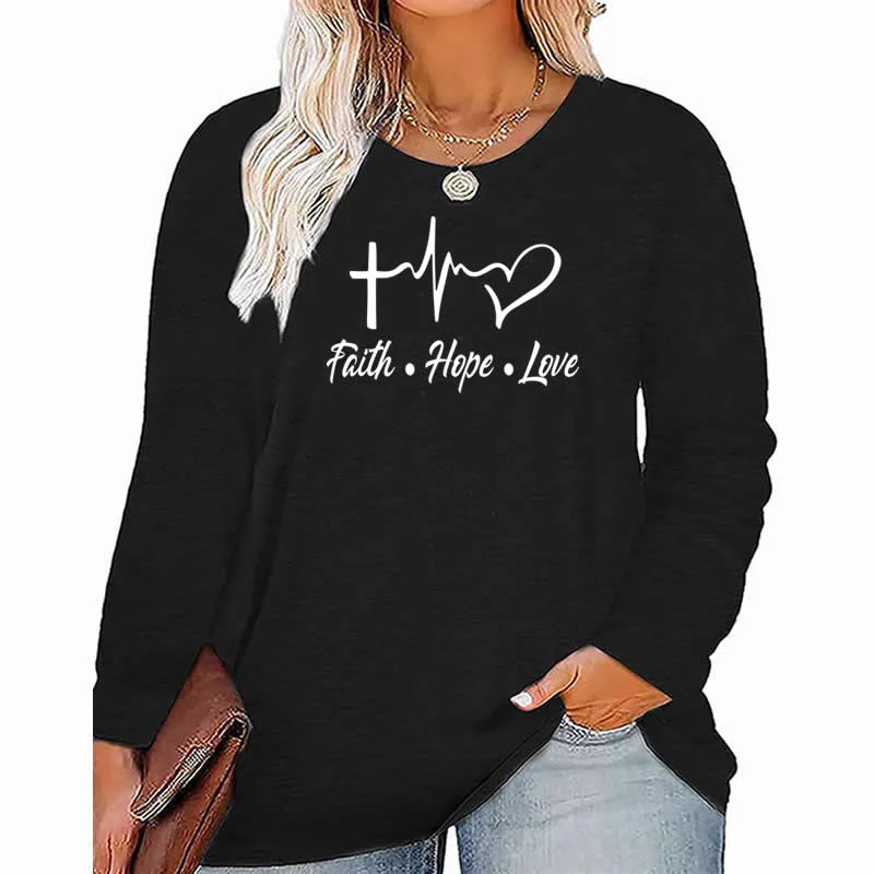 faith hope Love pattern Plus Size Women's Top Autumn X-Large-5X-Large woman clothes y2k t shirt oversized long sleeve tshirt Mesh Blend Leather Blend Suede Blend faith hope Love pattern Plus Size Women's Top Autumn X-Large-5X-Large woman clothes y2k t shirt oversized long sleeve tshirt Mesh Blend Leather Blend Suede Blend