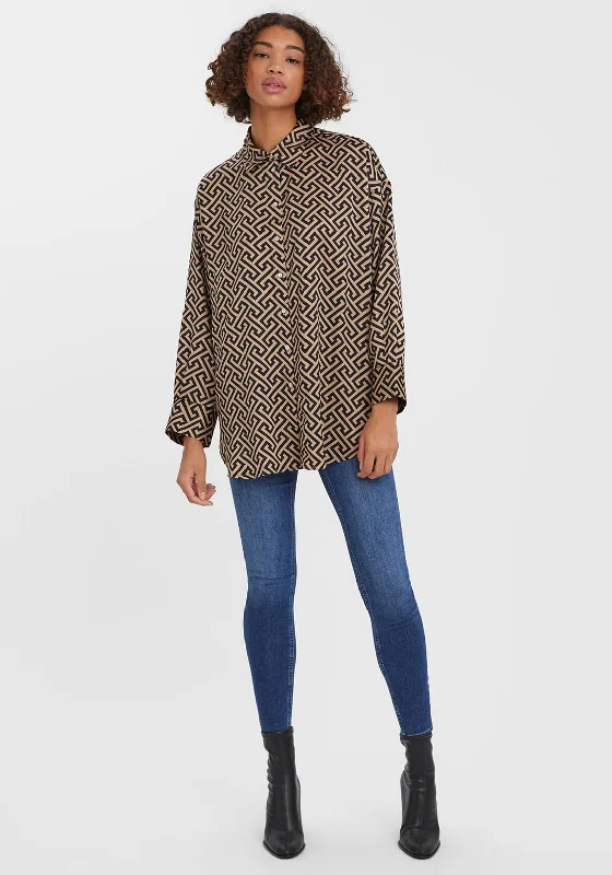 Vero Moda Meander Print Oversized Shirt, Silver Mink Beaded Sequined Faux Fur