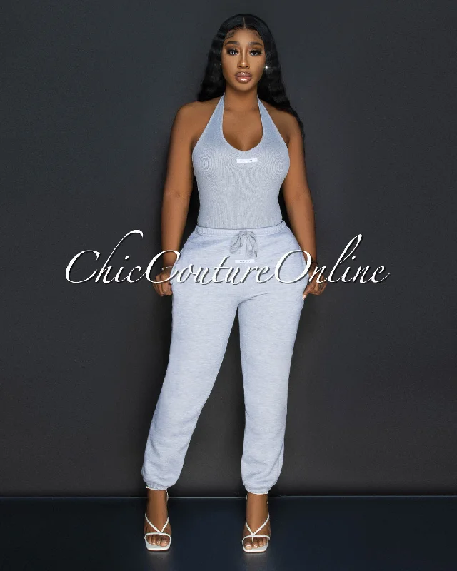 Baely Grey Ribbed Bodysuit & Sweatpants Set Stylish Backless Bodysuit