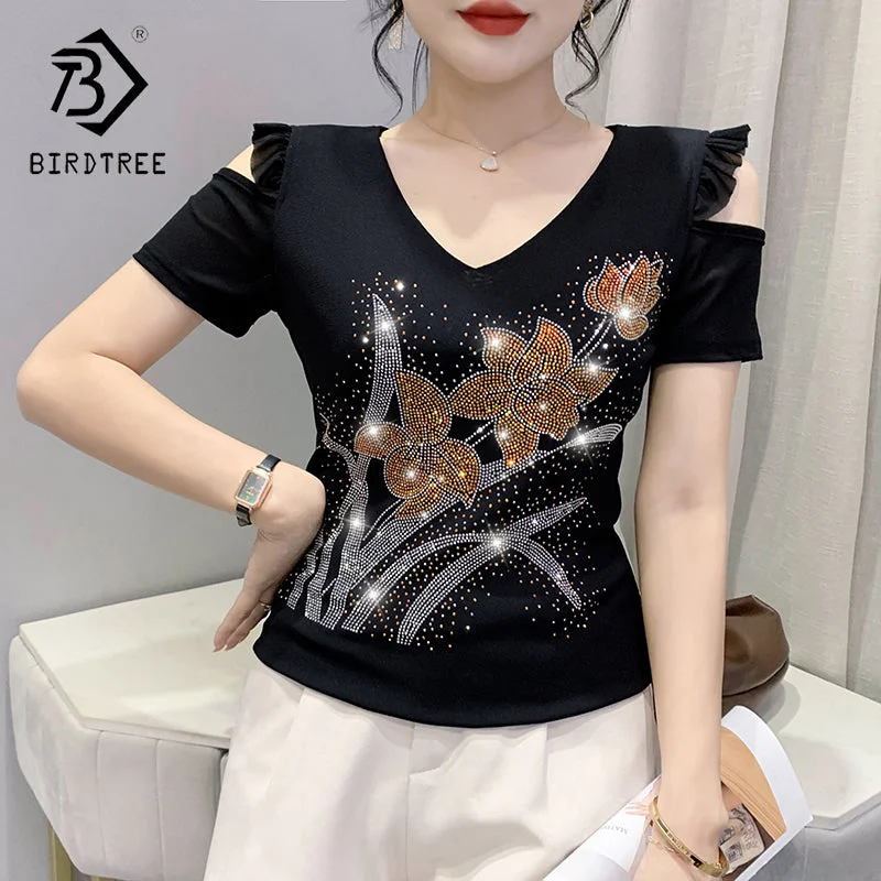Black Mesh T-Shirt Women V-neck Handmade Diamonds Beading Flowers Off-shoulder Ruffles Tops Tees Short Sleeve Summer T25903 Striped Floral Plaid Black Mesh T-Shirt Women V-neck Handmade Diamonds Beading Flowers Off-shoulder Ruffles Tops Tees Short Sleeve Summer T25903 Striped Floral Plaid