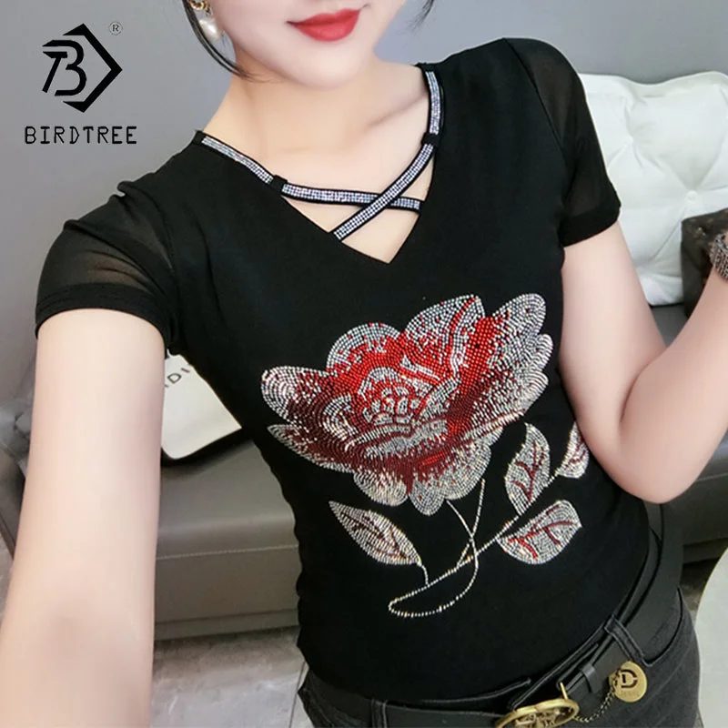 Black Mesh T-Shirt Women V-neck Handmade Diamonds Beading Big Flowers Slim Women Tops Tees Short Sleeve Summer T25904 Spandex Blend Rayon Blend Denim Blend Black Mesh T-Shirt Women V-neck Handmade Diamonds Beading Big Flowers Slim Women Tops Tees Short Sleeve Summer T25904 Spandex Blend Rayon Blend Denim Blend
