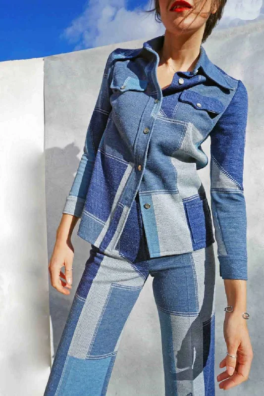 Vintage Denim Patchwork Shirt + Pant Suit Handmade Hand-knitted Hand-woven