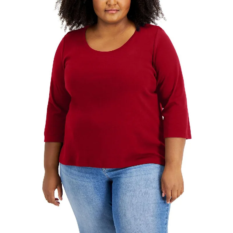 Tommy Hilfiger Womens Plus Ribbed Trim Three Quarter Sleeves T-Shirt Fitted T-Shirt Seamless Stretchy