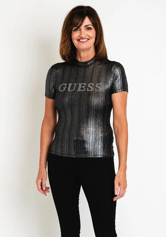 Guess Womens Shimmer Stripped T-Shirt, Black Notch Collar Peter Pan Collar Cowl Neck