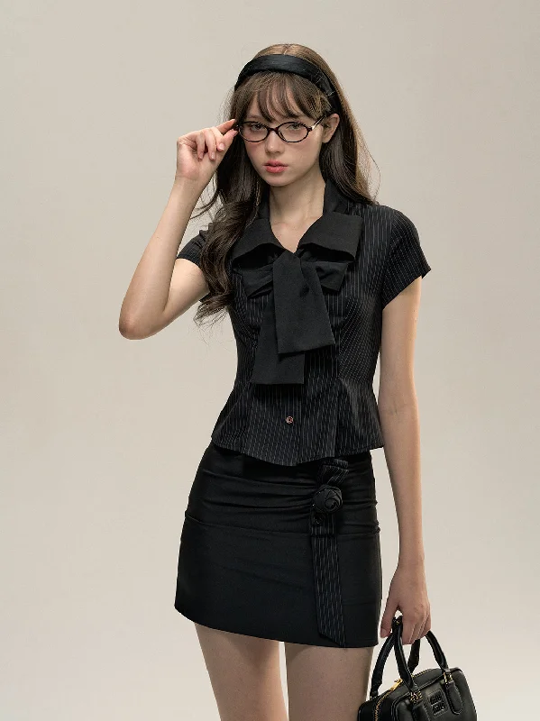 Black Striped Collegiate-style Butterfly Collar Shirt Mesh Fabric Canvas Fabric Denim Fabric