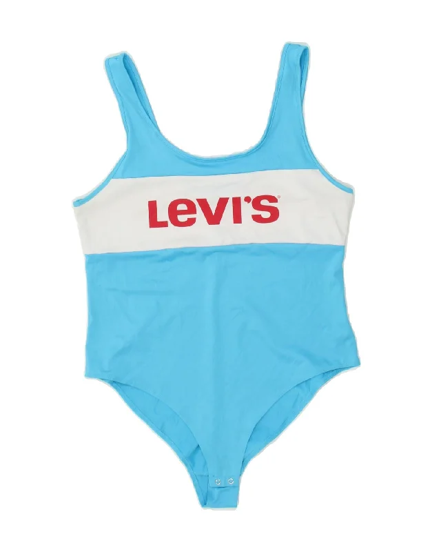 LEVI'S Womens Graphic Bodysuit UK 14 Large Blue Colourblock Comfortable Bodysuit with Deep V
