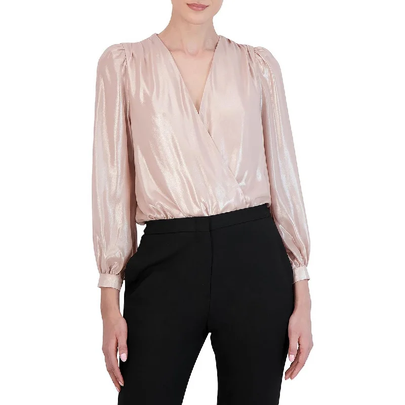 Womens Metallic V-Neck Bodysuit Stylish Draped Bodysuit