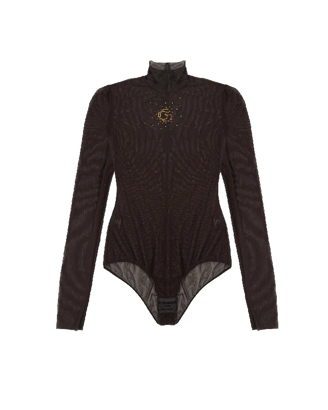 Transparent Bodysuit With Crystal G Fashionable Cross-Back Bodysuit
