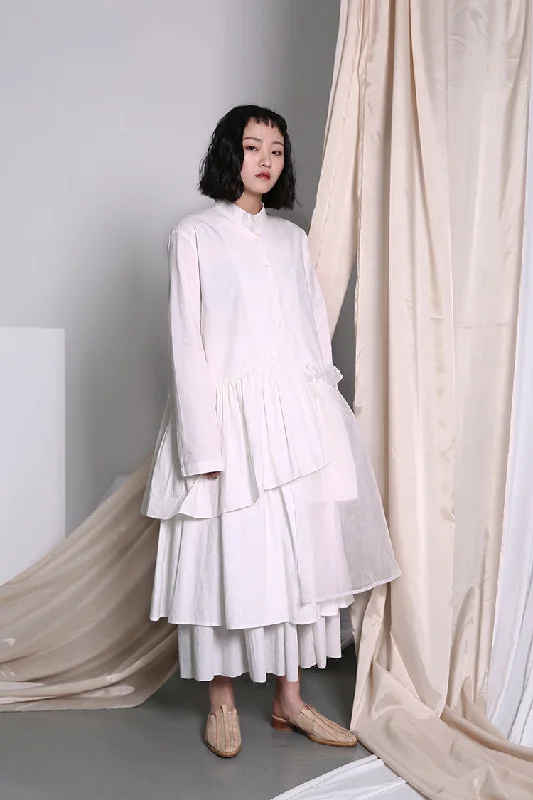 Original Shirt Hem Pleated Organza Stitching Asymmetric LONG Shirt Notch Collar Peter Pan Collar Cowl Neck Original Shirt Hem Pleated Organza Stitching Asymmetric LONG Shirt Notch Collar Peter Pan Collar Cowl Neck