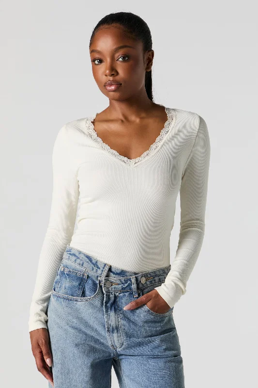 Seamless Ribbed Lace Trim Long Sleeve Bodysuit Fashionable Bodysuit with Button Front