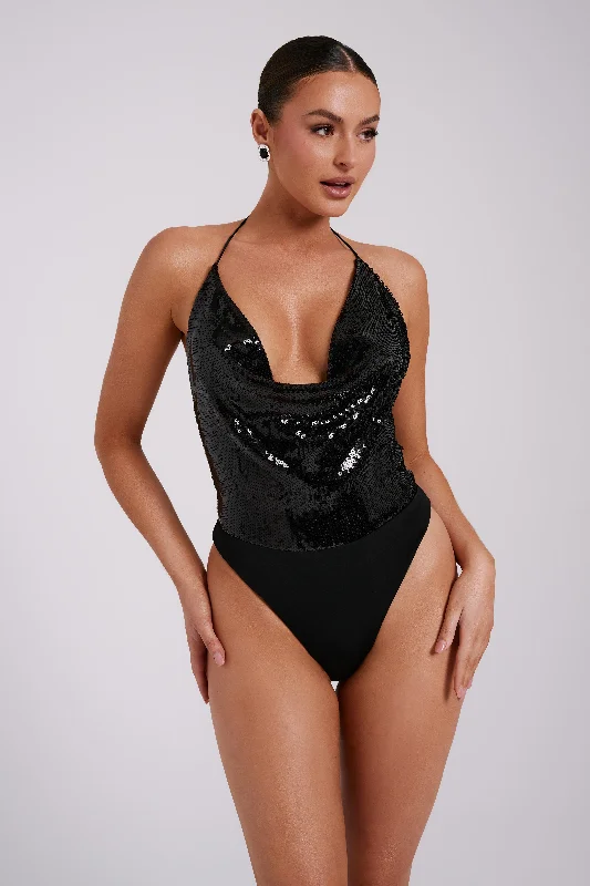 Nathalie Sequin Cowl Bodysuit - Black Fashionable Sleeveless Bodysuit with Buttons