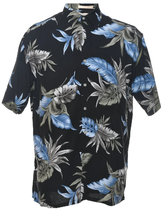 Leafy Print Hawaiian Shirt - M Zippered Front Buttoned Front Snap Front