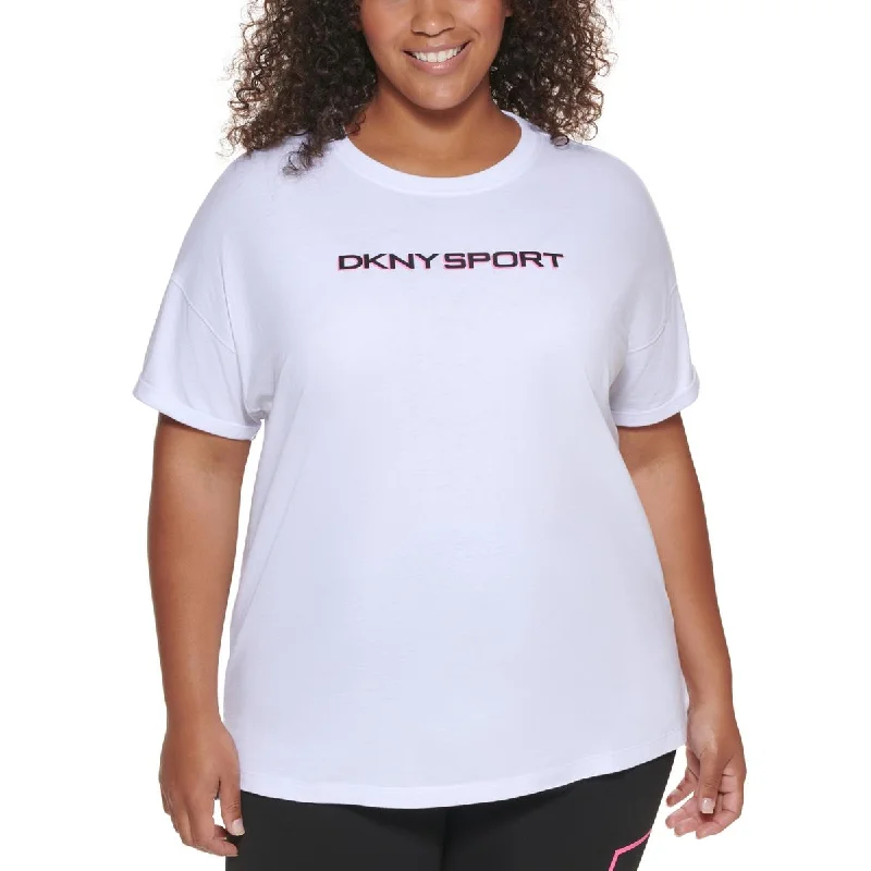 DKNY Sport Womens Plus Crewneck Cotton T-Shirt V-Neck T-Shirt Long Sleeve Cotton