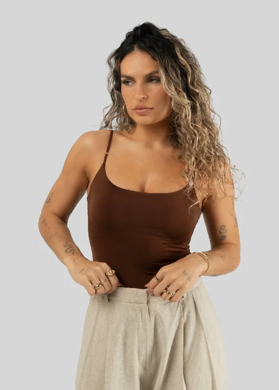 Jolene Bodysuit Brown Stylish Plunging Neck Bodysuit