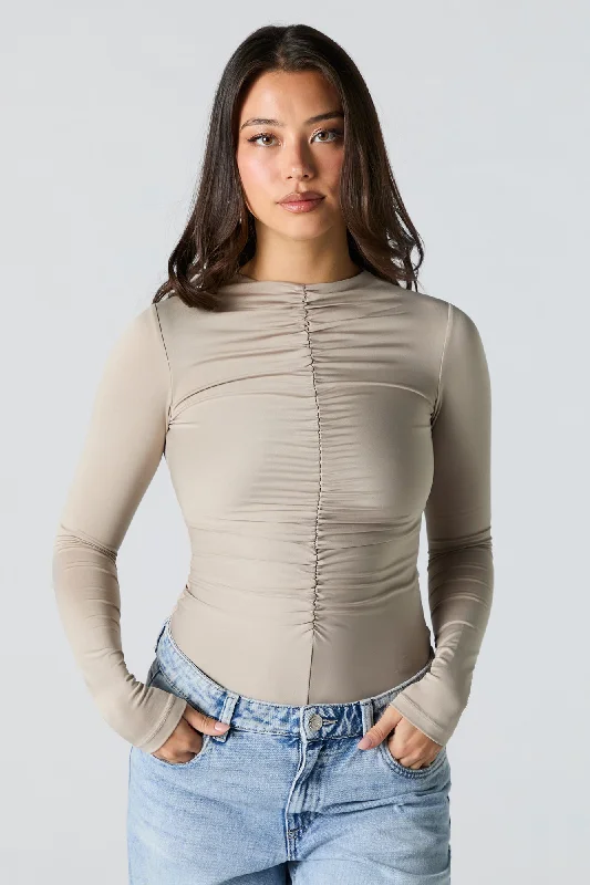 Contour Ruched Long Sleeve Bodysuit Stylish Bodysuit with Faux Fur