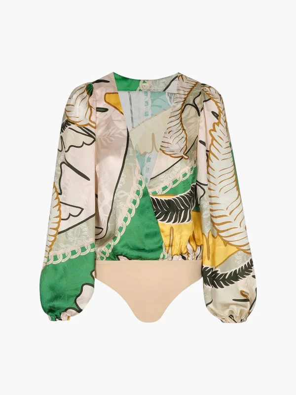 Sambale Silk Jacquard Bodysuit | Green Trendy Seamless Bodysuit for Comfort