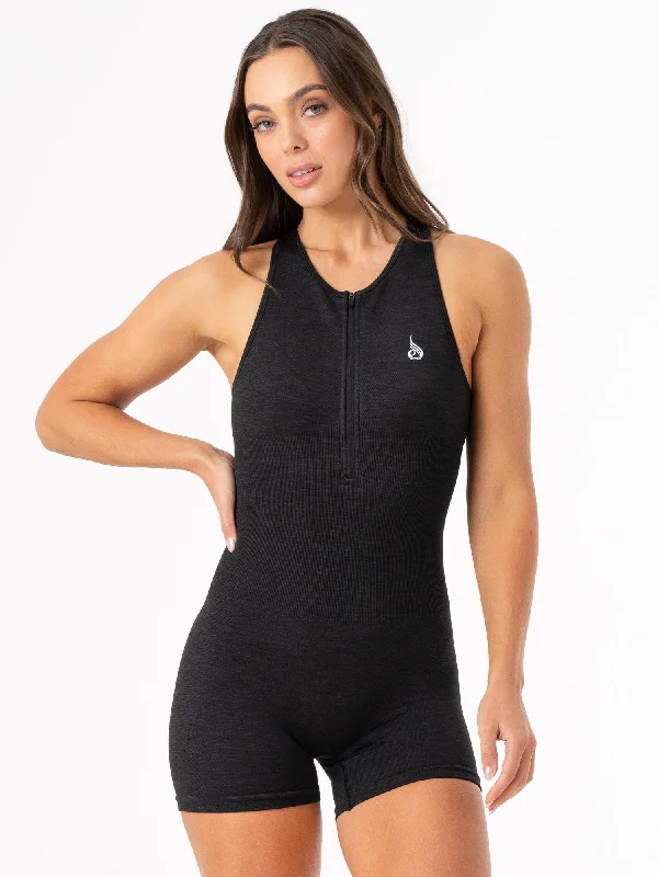 Rib Scrunch Seamless Bodysuit - Black Comfortable Sports Bodysuit