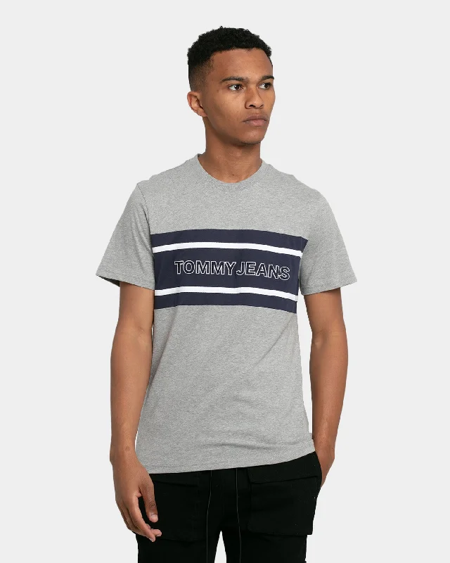 Tommy Jeans Stripe Colour-Block T-Shirt Light Grey Heather/White/Twilight Navy Mesh Fabric Canvas Fabric Denim Fabric