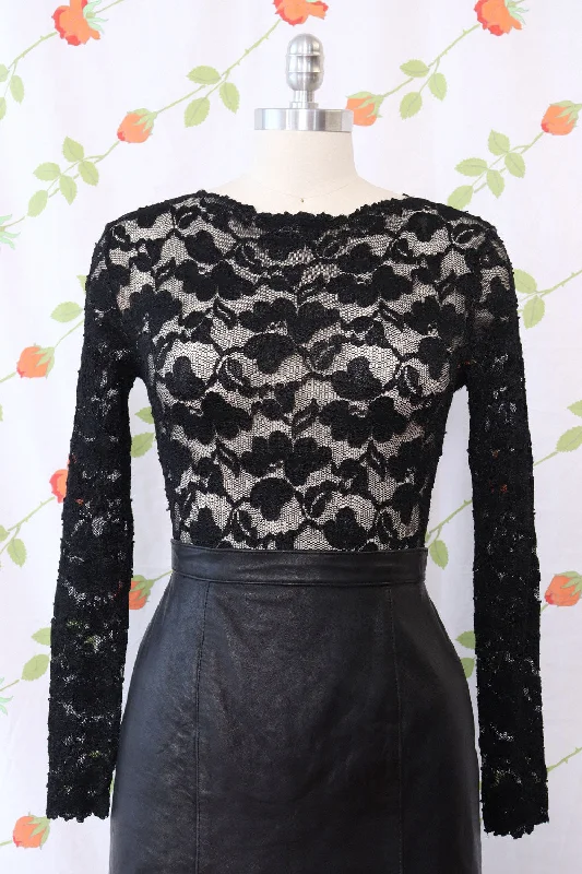 Jet Lace Bodysuit S/M Elegant Sheer Bodysuit