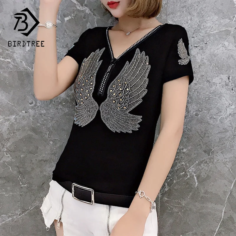 Design Wings Diamonds Beading Handmade T-Shirt Women Black Red New V-neck Slim Short Sleeve Women Tops Tees Summer T25909 Satin Blend Silk Blend Wool Blend Design Wings Diamonds Beading Handmade T-Shirt Women Black Red New V-neck Slim Short Sleeve Women Tops Tees Summer T25909 Satin Blend Silk Blend Wool Blend
