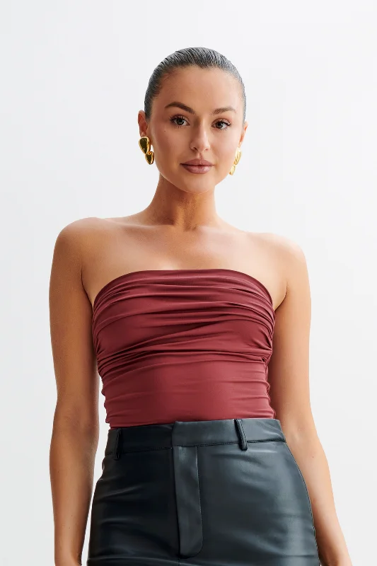 Romina Recycled Nylon Ruched Bodysuit - Wine Comfortable Full-Sleeve Bodysuit