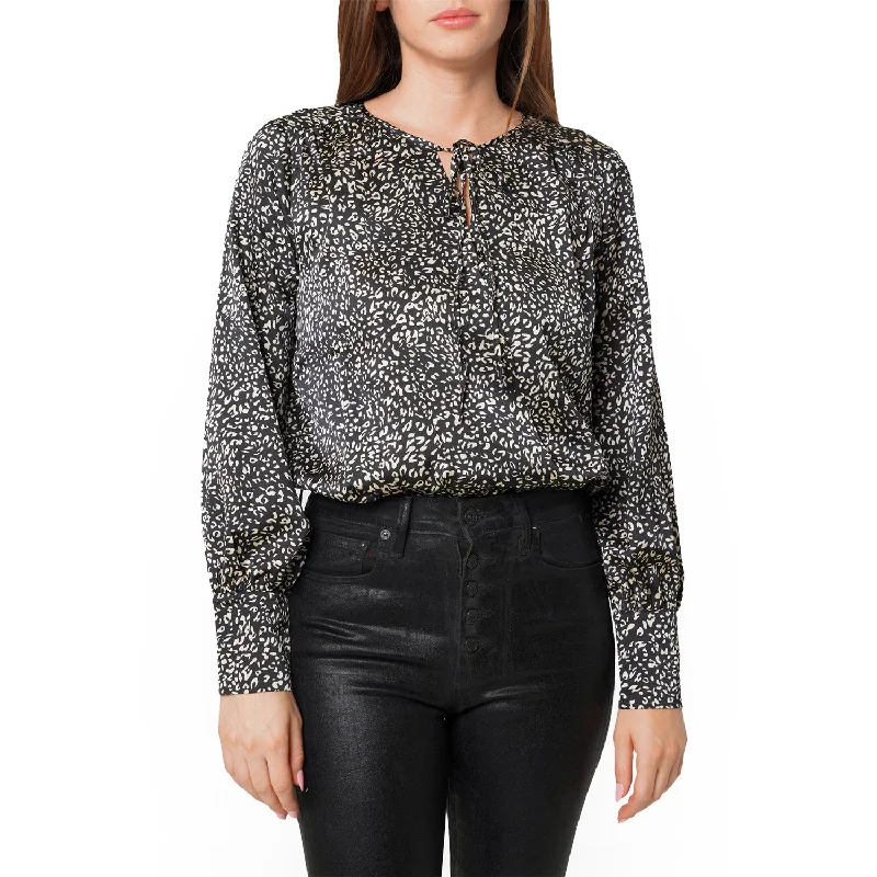 Women's Tie-neck Long Sleeve Bodysuit in Black Leopard Trendy Lace-Up Bodysuit