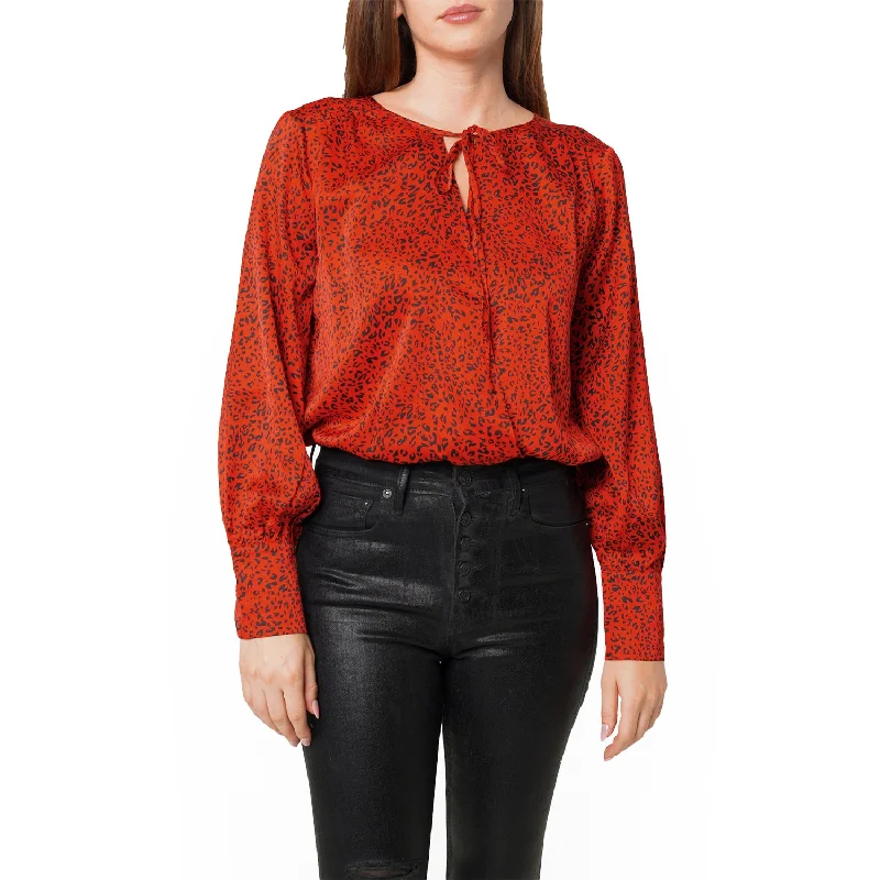 Women's Tie-neck Long Sleeve Bodysuit in Red Leopard Elegant Bodysuit with Belt