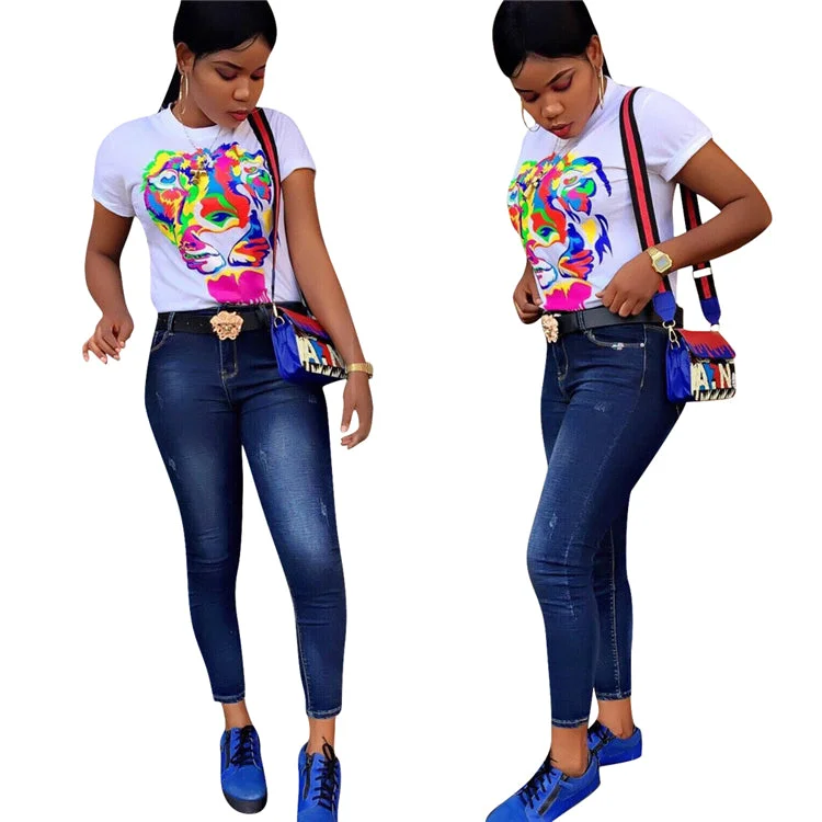 summer new design character top white t-shirt short sleeve for women Terry Blend Velvet Blend Canvas Blend