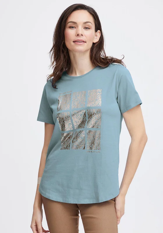 Fransa Ottilie Round Neck Graphic T-Shirt, Endless Sky Mix Cotton Fabric Linen Fabric Terry Fabric