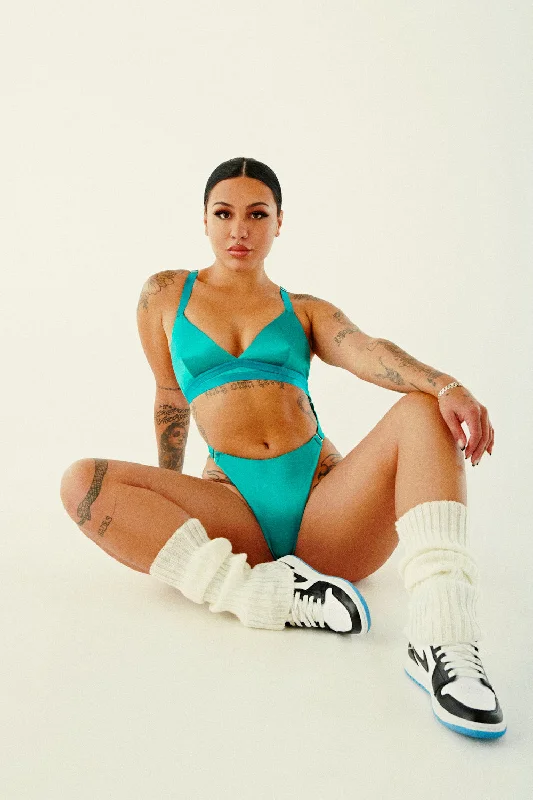 Aphrodite Bodysuit - Turquoise Satin Trendy High-Neck Bodysuit