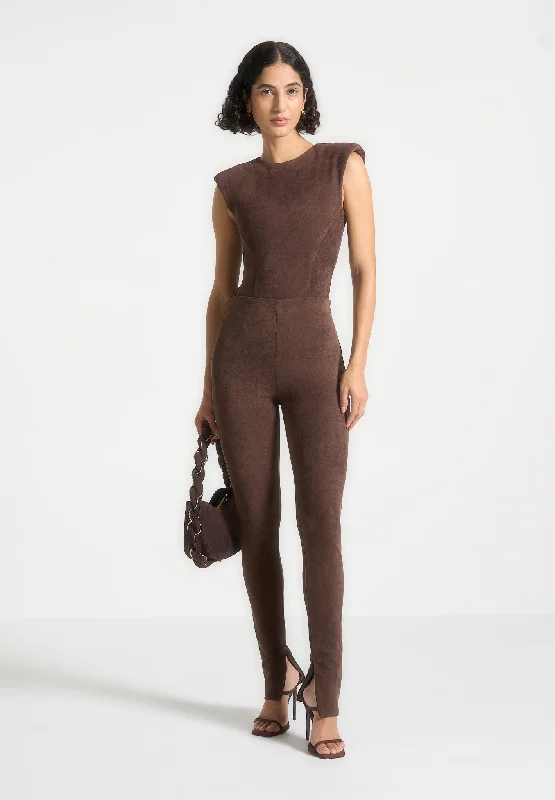 Wide Shoulder Suede Bodysuit - Brown Elegant Bodysuit with Belted Waist