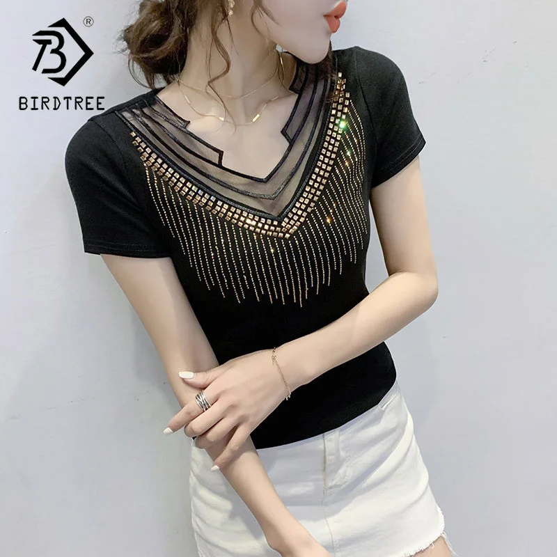 Black T-Shirt Women New V-neck Handmade Diamonds Beading Rivet Mesh Transparent Sexy Women Tops Tees Short Sleeve Summer T25504 Notch Collar Peter Pan Collar Cowl Neck Black T-Shirt Women New V-neck Handmade Diamonds Beading Rivet Mesh Transparent Sexy Women Tops Tees Short Sleeve Summer T25504 Notch Collar Peter Pan Collar Cowl Neck