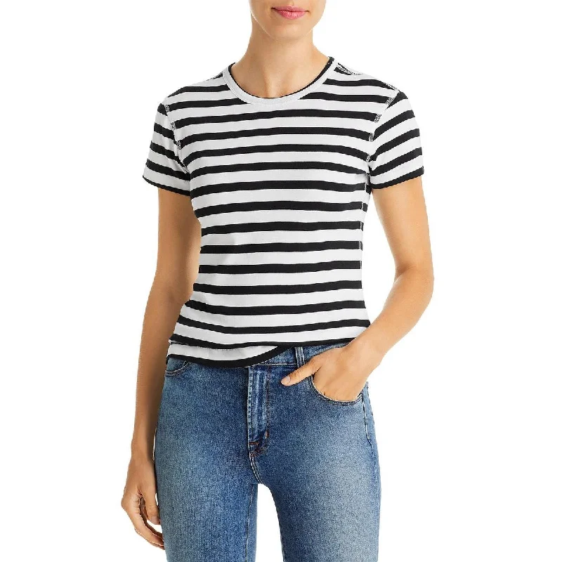 Three Dot's Women's Cotton Blend Striped Short Sleeve Crewneck T-Shirt Collared Crew Neck Turtle Neck