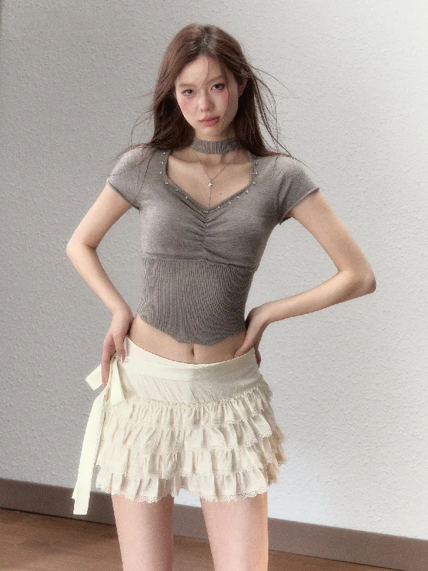 Choker Collar Rhinestone Cinched Waist T-Shirt Cashmere Blend Cotton Blend Poly Blend