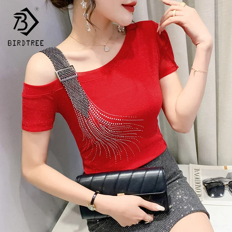 Sexy Off-shoulder T-Shirt Women New Handmade Diamonds Beading Women Tops Tees Slim Stretchy Short Sleeve Summer T25910 Embroidered Appliqued Beaded Sexy Off-shoulder T-Shirt Women New Handmade Diamonds Beading Women Tops Tees Slim Stretchy Short Sleeve Summer T25910 Embroidered Appliqued Beaded