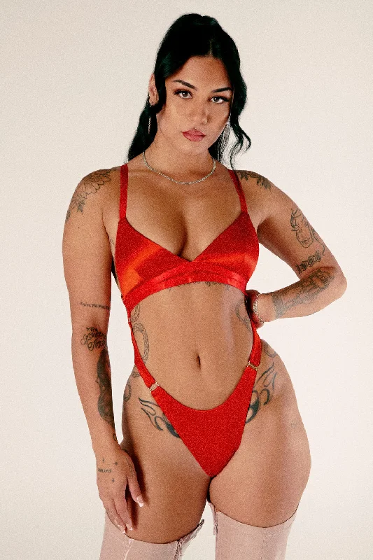 Aphrodite Bodysuit - Red Satin Fashionable Plunge Bodysuit