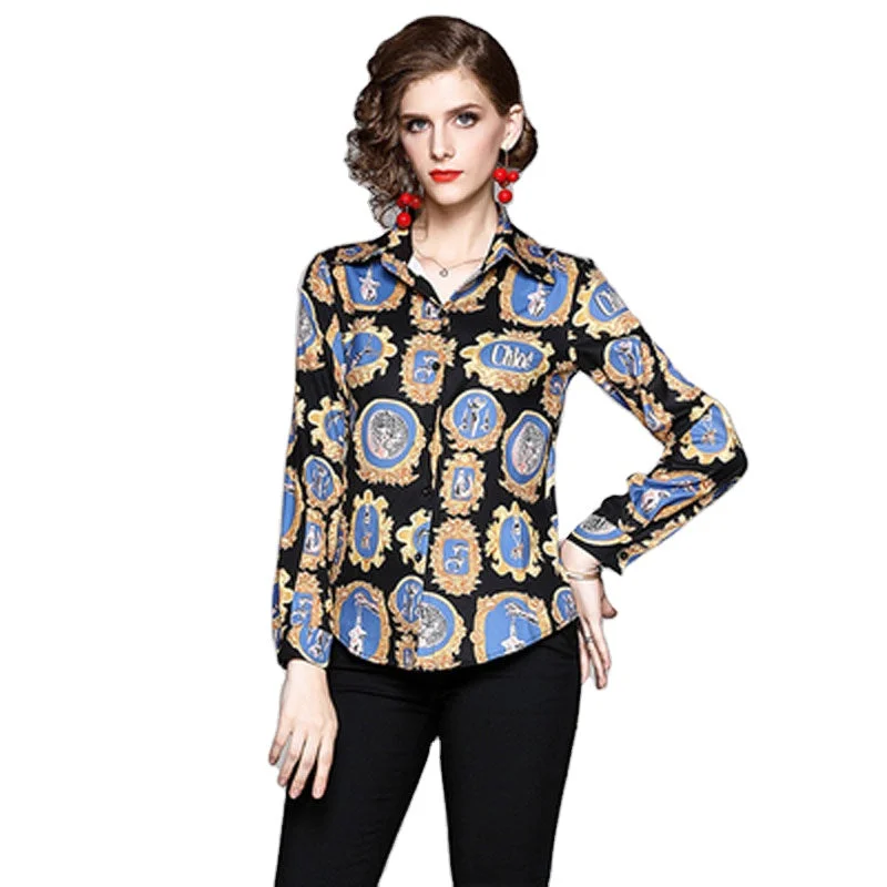 XC3221045-European station new women's printed slim long-sleeved wild lapel shirt Plaid T-Shirt Polka Dot Checkered XC3221045-European station new women's printed slim long-sleeved wild lapel shirt Plaid T-Shirt Polka Dot Checkered