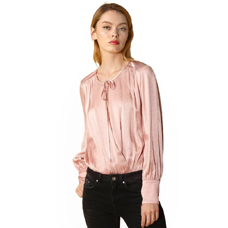 Tie-Neck Long Sleeve Bodysuit in Fall Pink Fashionable Fitted Bodysuit