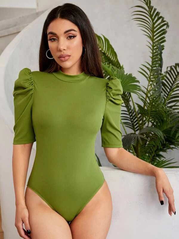 Shein - Solid Puff Sleeve Tee Bodysuit Cozy Stretch Bodysuit