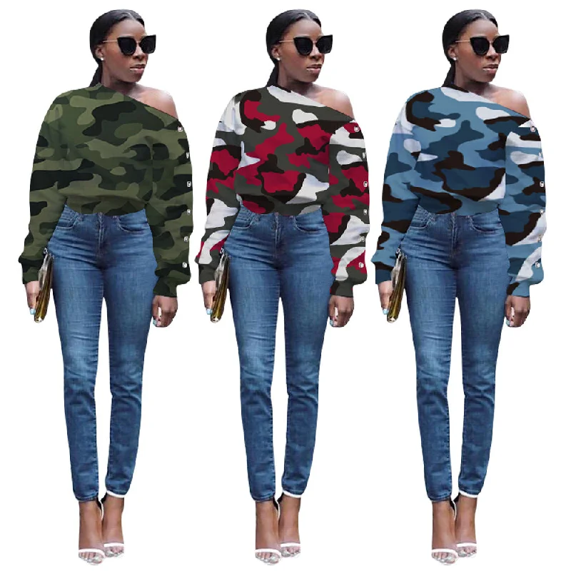 Z73408 Fashion Camouflage Print Long Sleeve top Casual women spring loose Skew Collar Off Shoulder T Shirts Fleece Nylon Spandex Z73408 Fashion Camouflage Print Long Sleeve top Casual women spring loose Skew Collar Off Shoulder T Shirts Fleece Nylon Spandex