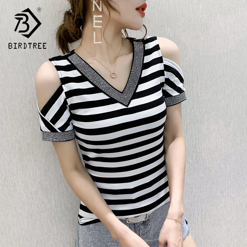 Summer 2022 T-Shirt Women Sexy Off-shoulder V-neck Handmade Diamonds Beading Striped Women Tops Tees Short Sleeve New T25404 Terry Blend Velvet Blend Canvas Blend Summer 2022 T-Shirt Women Sexy Off-shoulder V-neck Handmade Diamonds Beading Striped Women Tops Tees Short Sleeve New T25404 Terry Blend Velvet Blend Canvas Blend